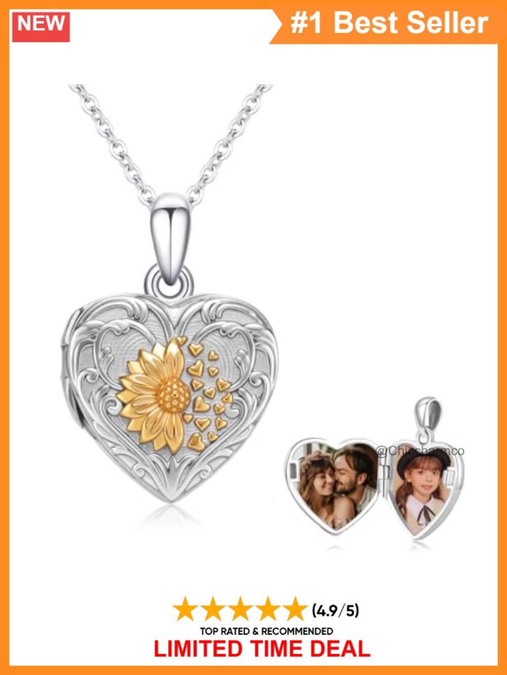 Sunflower Heart Locket Necklace Silver Plated Adjustable Chain Women
